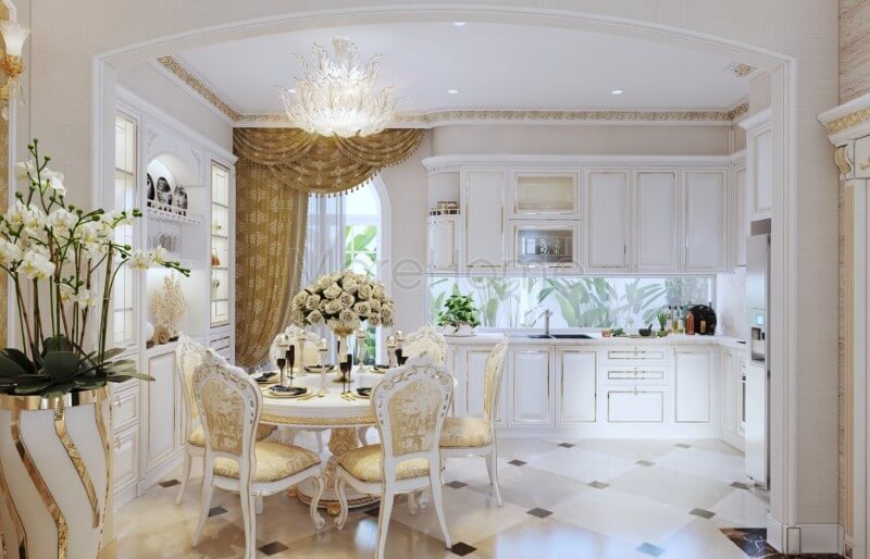Thiết kế khu vực phòng ăn biệt thự theo xu hướng mở, tạo cảm giác rộng thoáng hơn cho không gian dùng bữa của gia chủ Thiết kế nội thất
